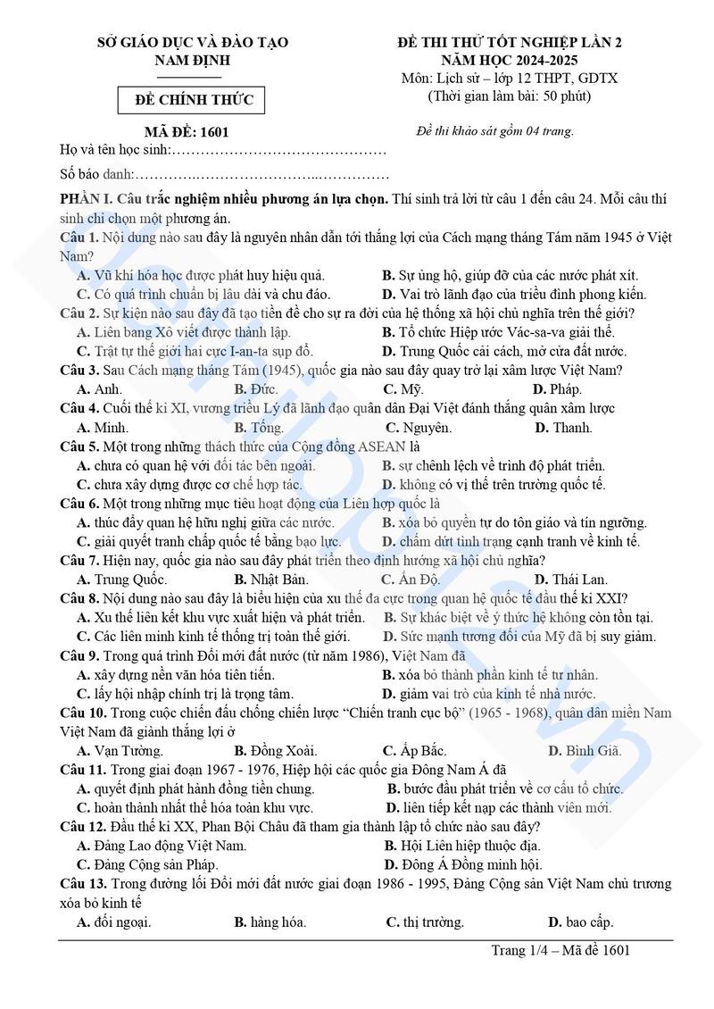 Đề thi thử lịch sử tỉnh Nam Định 2025 lần 2
