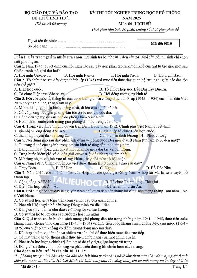 Đề thi lịch sử thpt quốc gia 2025 mã 0810