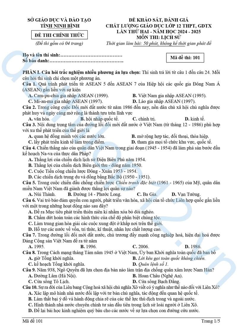Đề thi thử lịch sử THPT quốc gia 2025 Ninh Bình lần 2