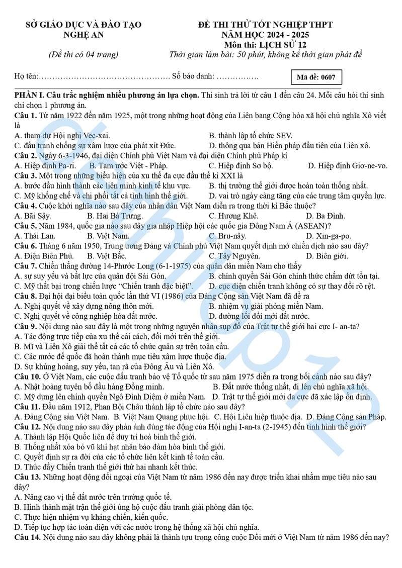 Đề thi thử lịch sử THPT quốc gia 2025 Nghệ An lần 2