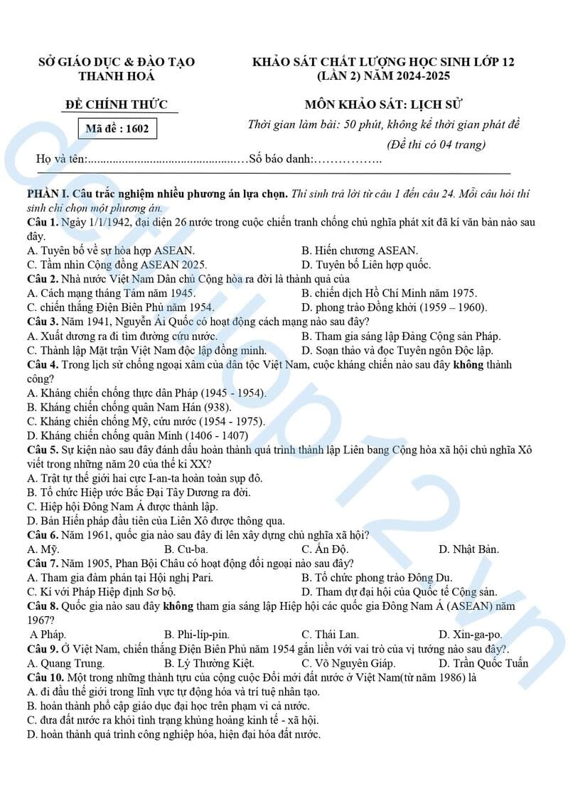 Đề thi thử lịch sử THPT quốc gia 2025 Thanh Hoá lần 2