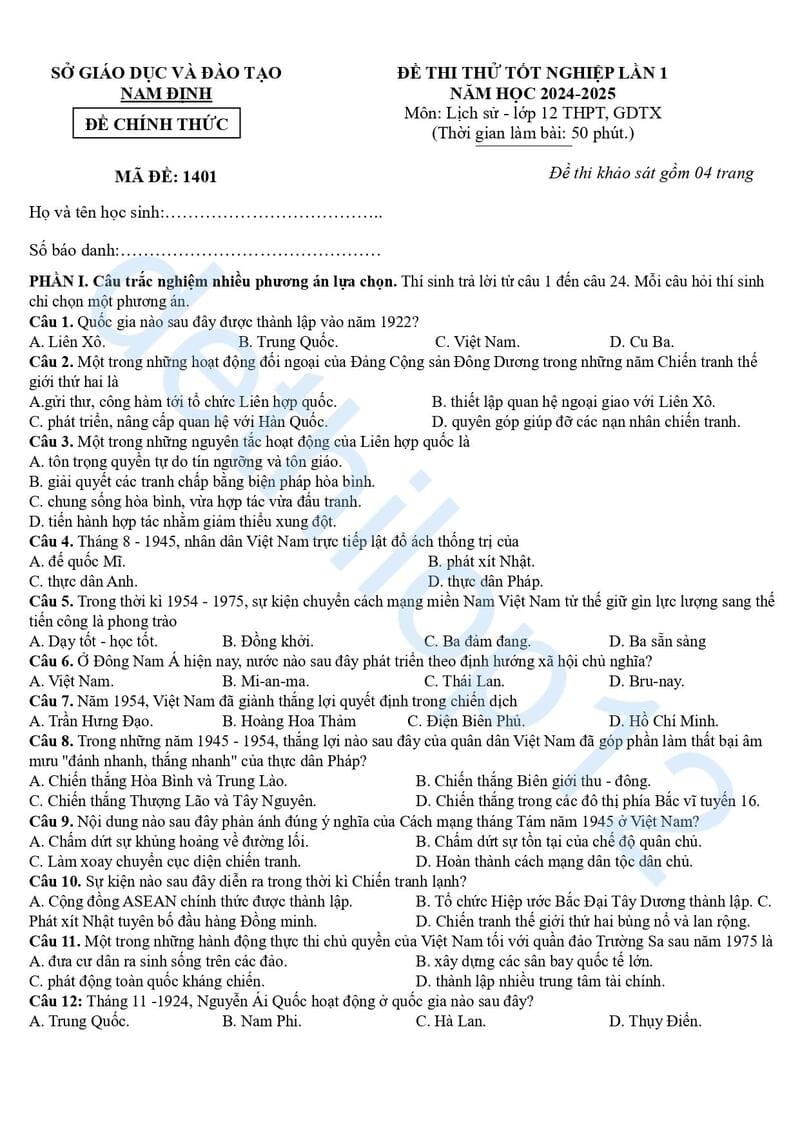 Đề thi thử lịch sử THPT quốc gia 2025 Nam Định lần 1