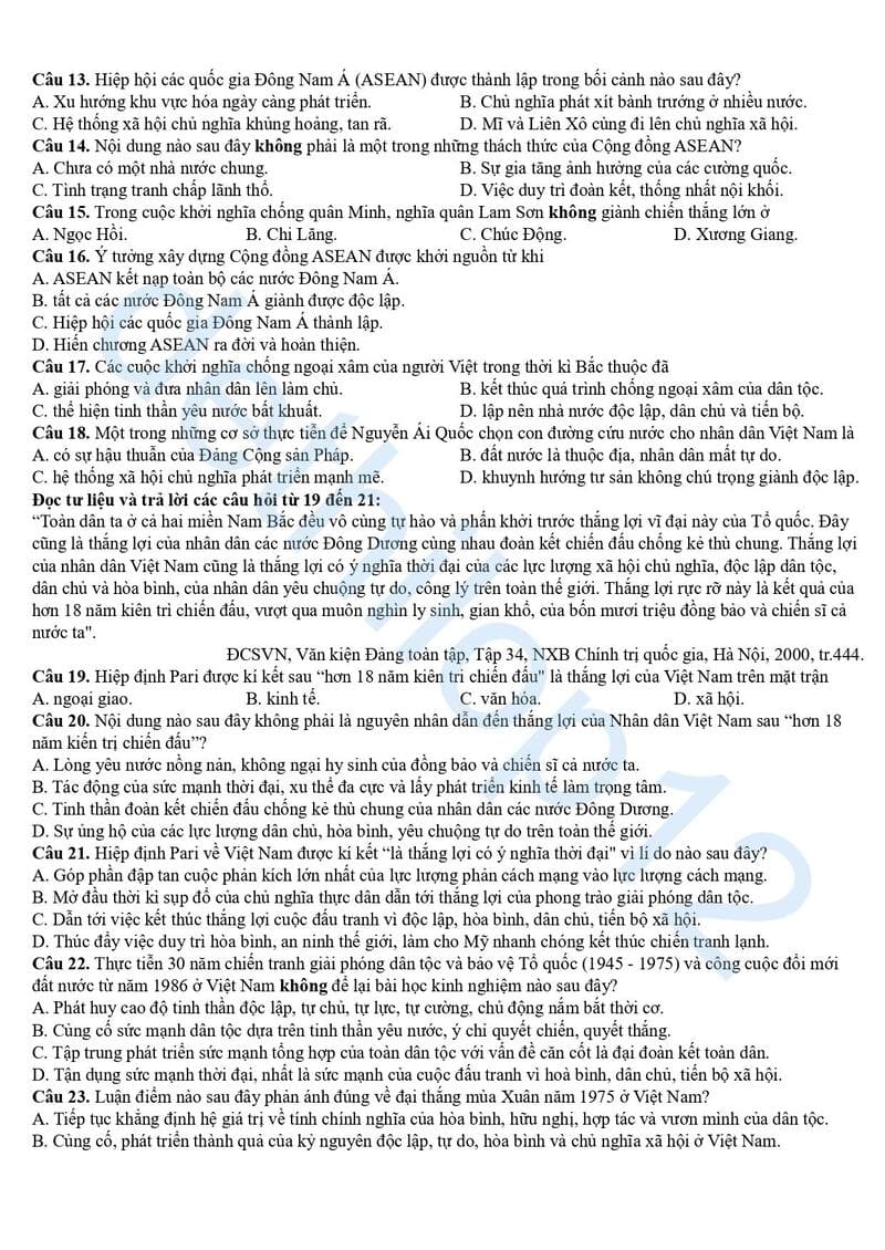 Đề thi thử lịch sử THPT quốc gia 2025 Nam Định lần 1 2