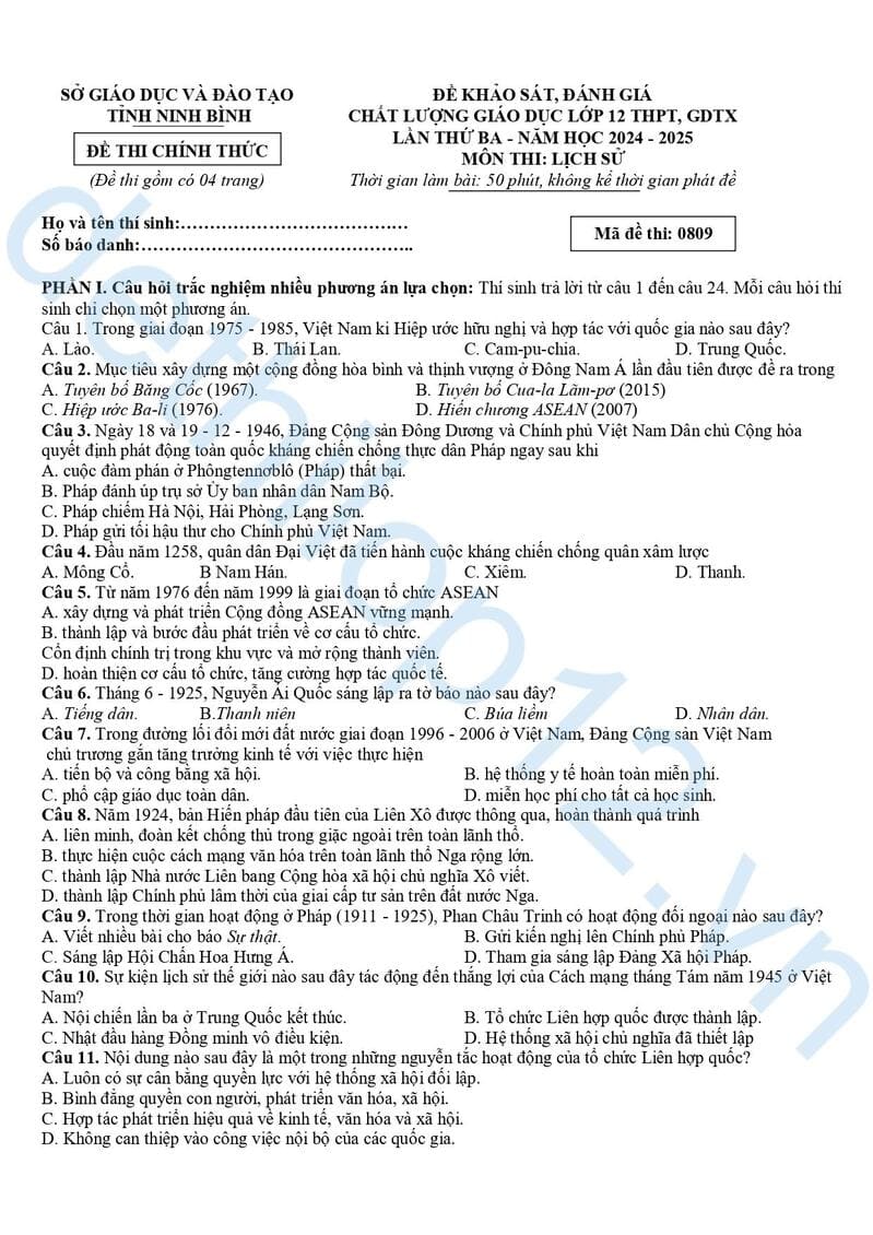 Đề thi thử lịch sử THPT quốc gia 2025 Ninh Bình lần 3