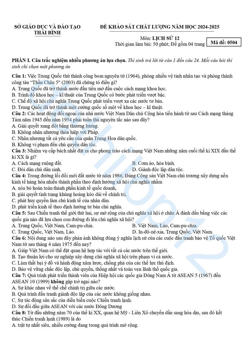 Đề thi thử lịch sử THPT quốc gia 2025 Thái Bình lần 1