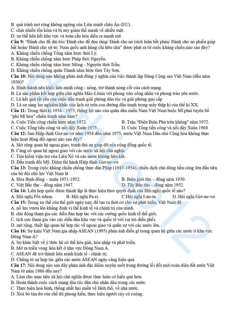 Đề thi thử lịch sử THPT quốc gia 2025 Thái Bình lần 1 2