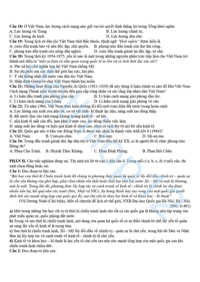 Đề thi thử lịch sử THPT quốc gia 2025 Thái Bình lần 1 3
