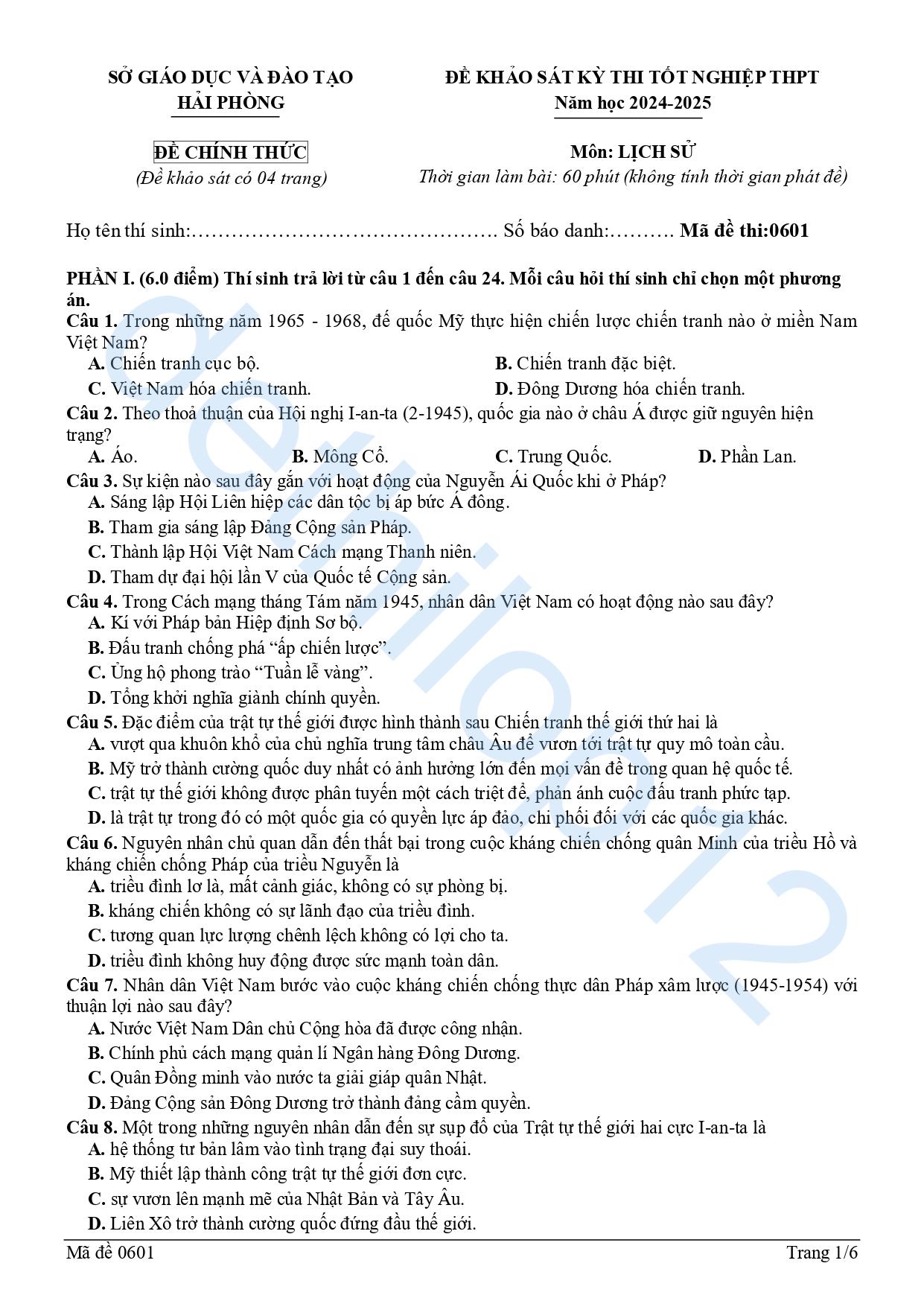 Đề thi thử lịch sử THPT quốc gia 2025 Hải Phòng lần 1