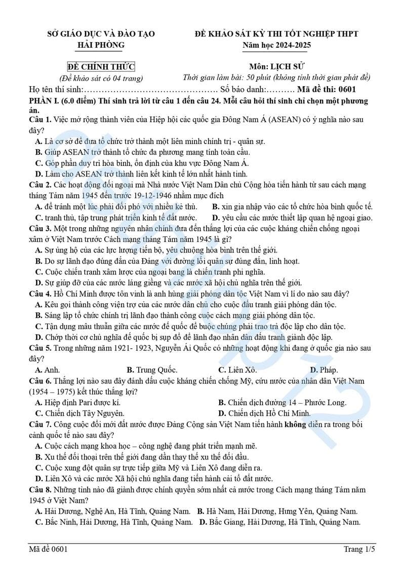 Đề thi thử lịch sử THPT quốc gia 2025 Hải Phòng lần 2