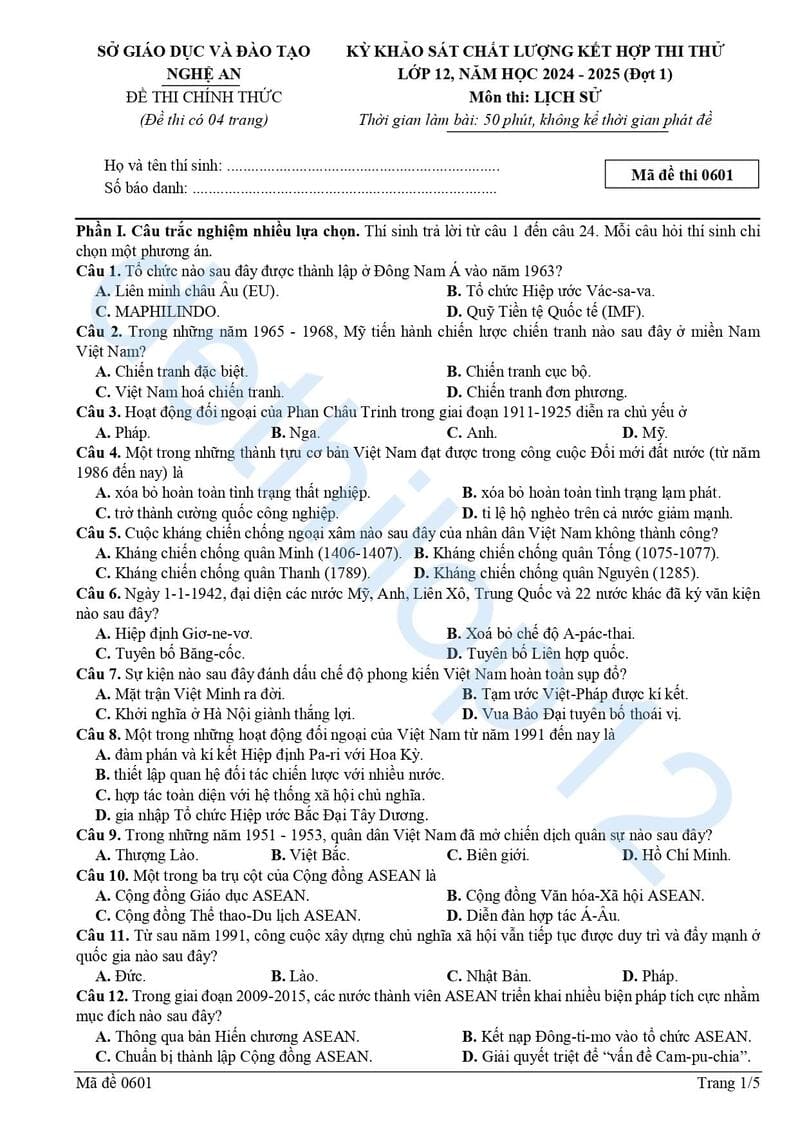 Đề thi thử lịch sử THPT quốc gia 2025 Nghệ An lần 1 mã 0601