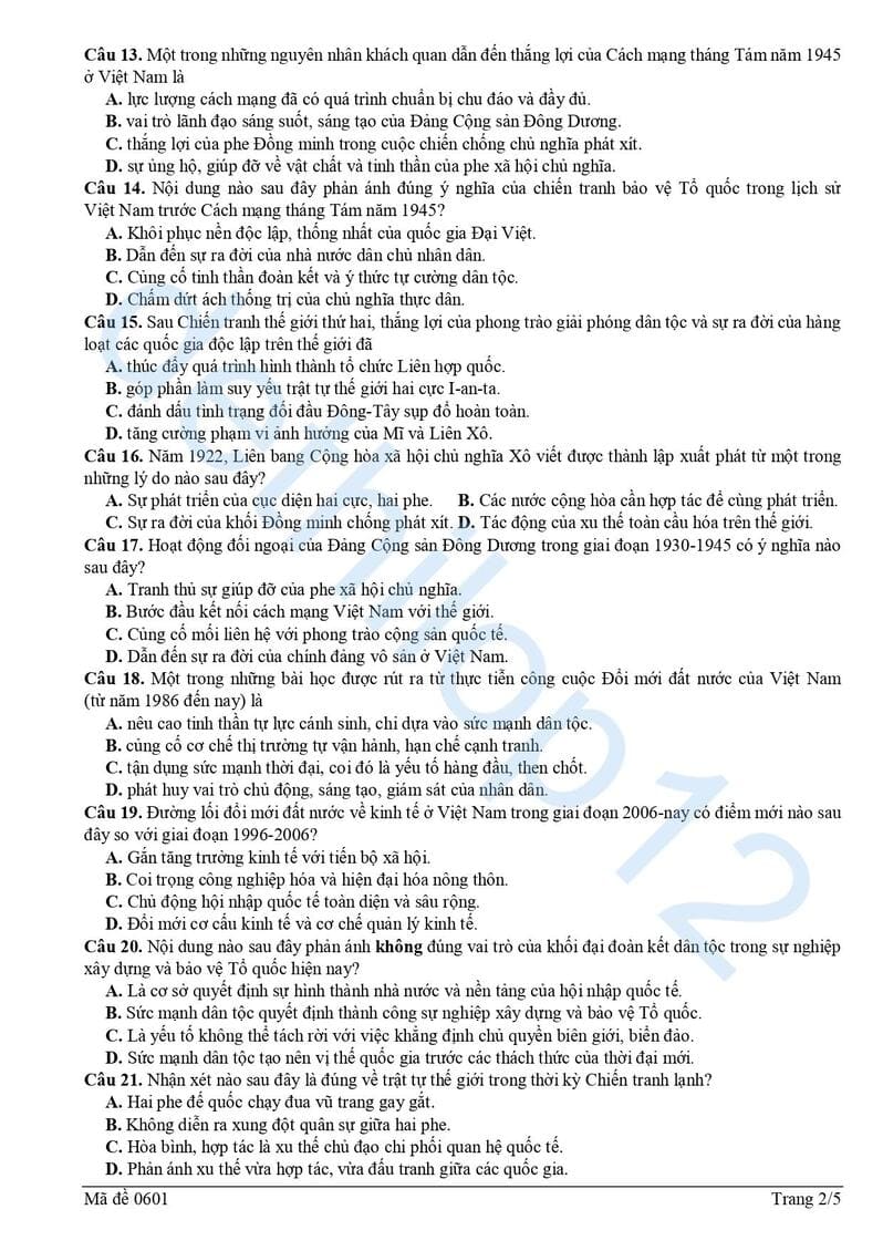 Đề thi thử lịch sử THPT quốc gia 2025 Nghệ An lần 1 mã 0601 2