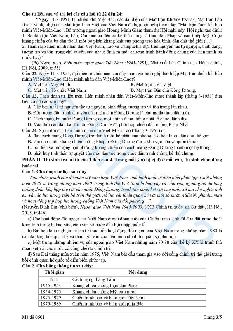 Đề thi thử lịch sử THPT quốc gia 2025 Nghệ An lần 1 mã 0601 3