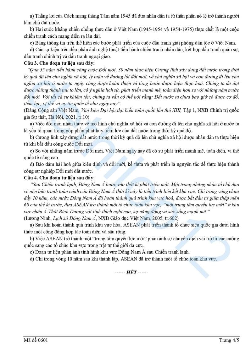 Đề thi thử lịch sử THPT quốc gia 2025 Nghệ An lần 1 mã 0601 4
