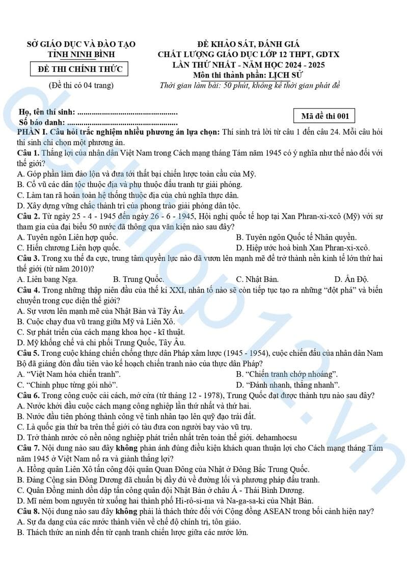 Đề thi thử lịch sử THPT quốc gia 2025 Ninh Bình lần 1