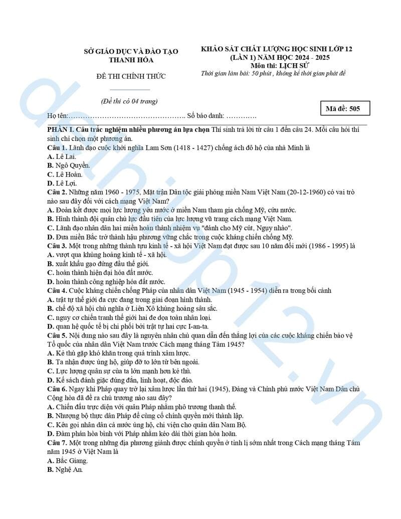 Đề thi thử lịch sử THPT quốc gia 2025 Thanh Hoá lần 1