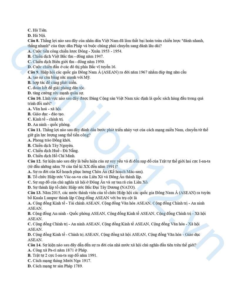 Đề thi thử lịch sử THPT quốc gia 2025 Thanh Hoá lần 1 2