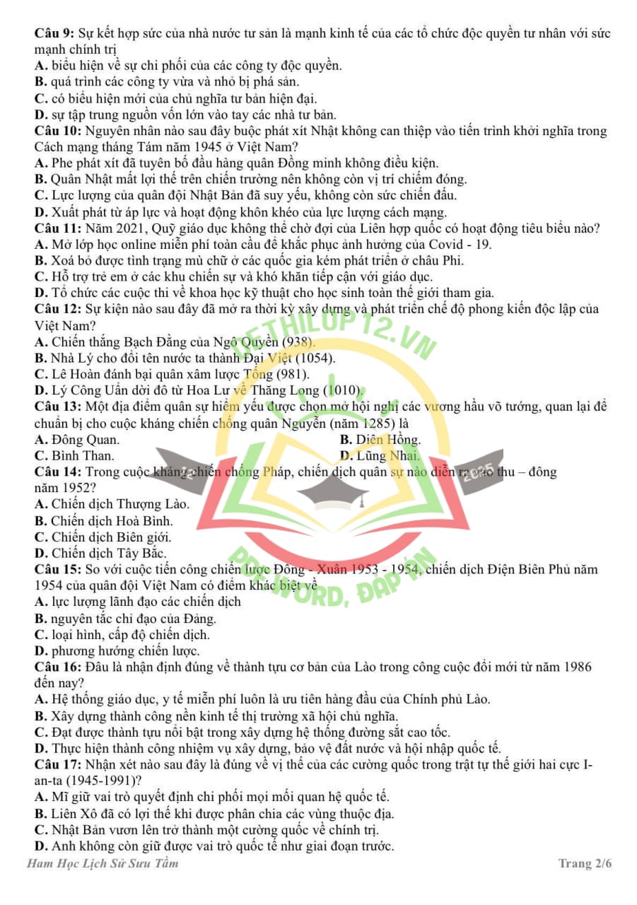 Đề thi hsg cấp tỉnh lớp 12 môn sử Thanh Hoá 2025 2026 2