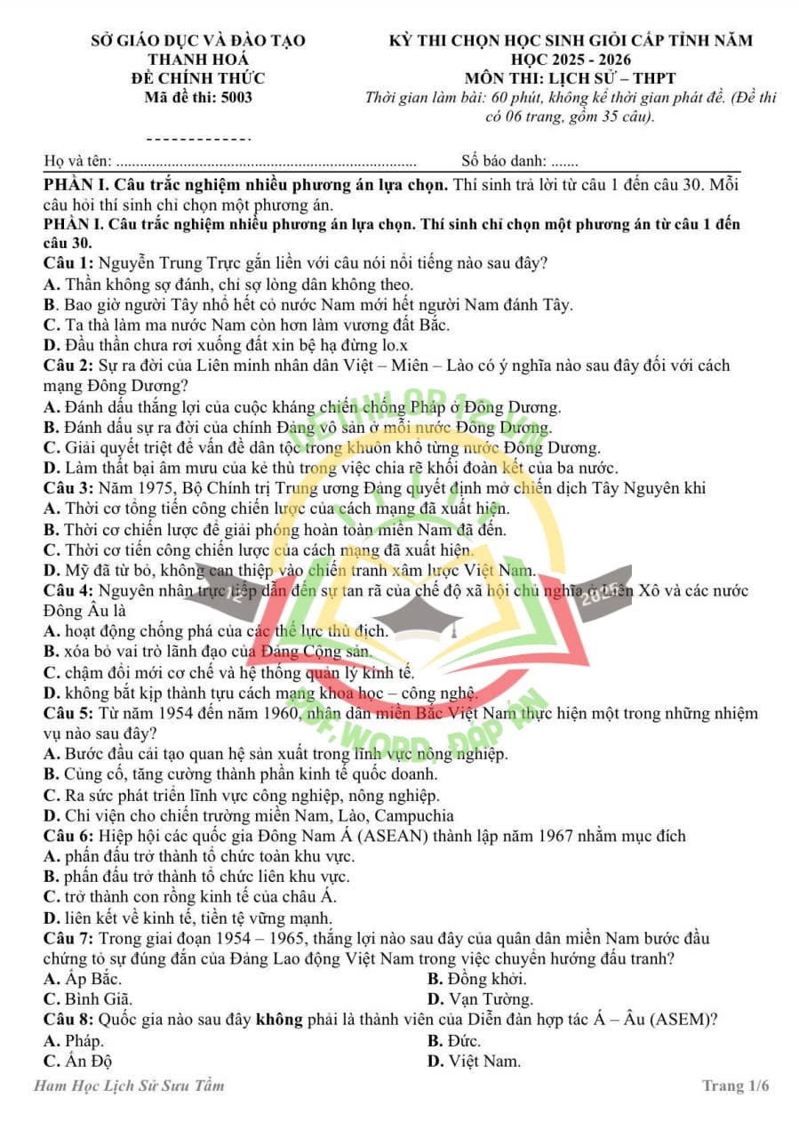 Đề thi hsg cấp tỉnh lớp 12 môn sử Thanh Hoá 2025 2026