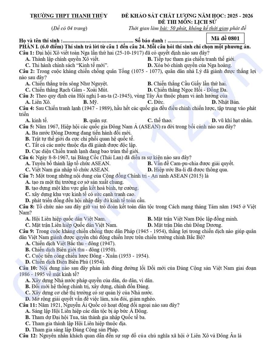 Đề thi thử tốt nghiệp môn sử THPT Thanh Thuỷ 2026 có đáp án