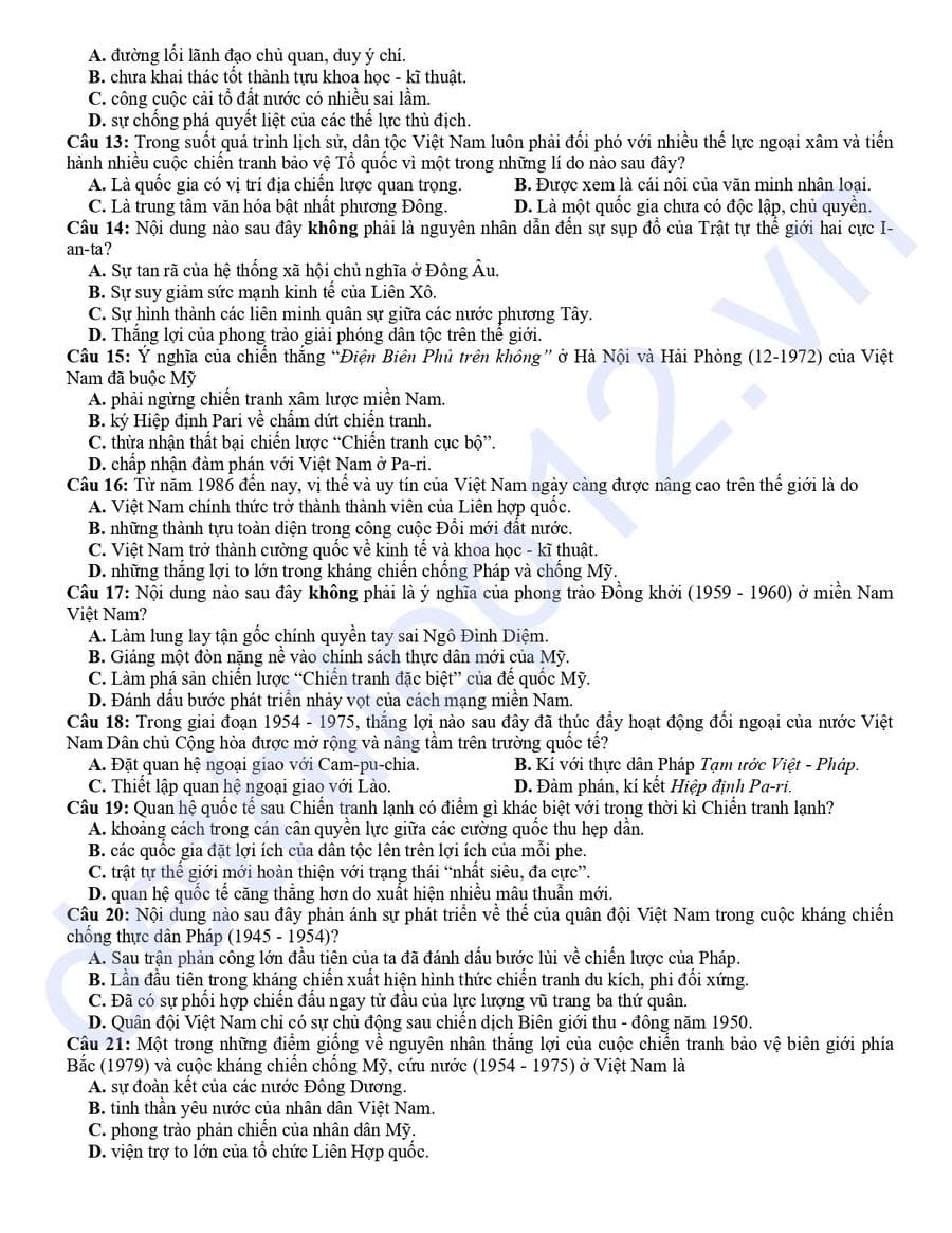 Đề thi thử tốt nghiệp môn sử THPT Thanh Thuỷ 2026 có đáp án 2