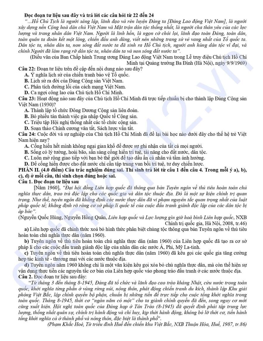 Đề thi thử tốt nghiệp môn sử THPT Thanh Thuỷ 2026 có đáp án 3