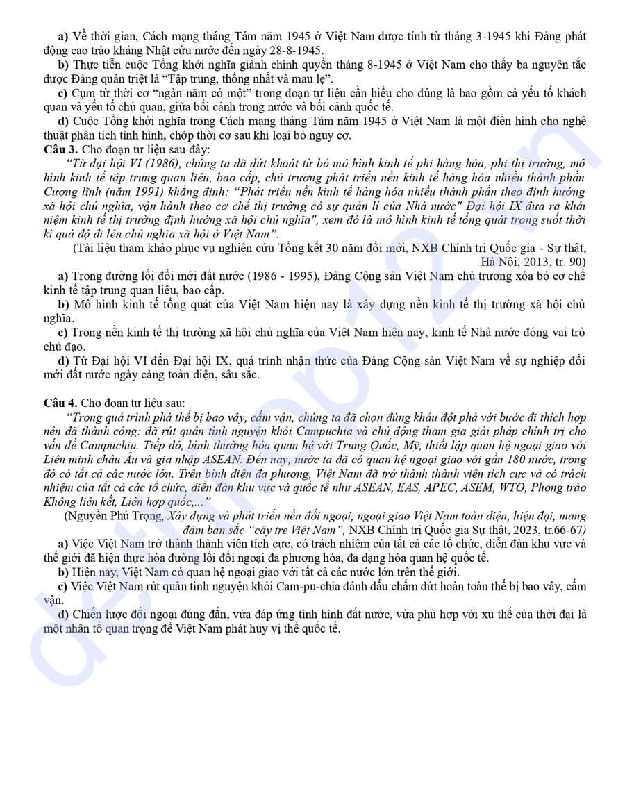 Đề thi thử tốt nghiệp môn sử THPT Thanh Thuỷ 2026 có đáp án 4