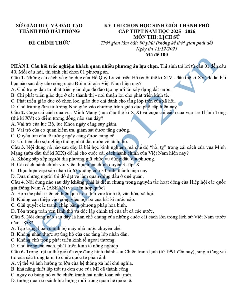 Đề thi học sinh giỏi lịch sử lớp 12 TP Hải Phòng 2025 2026