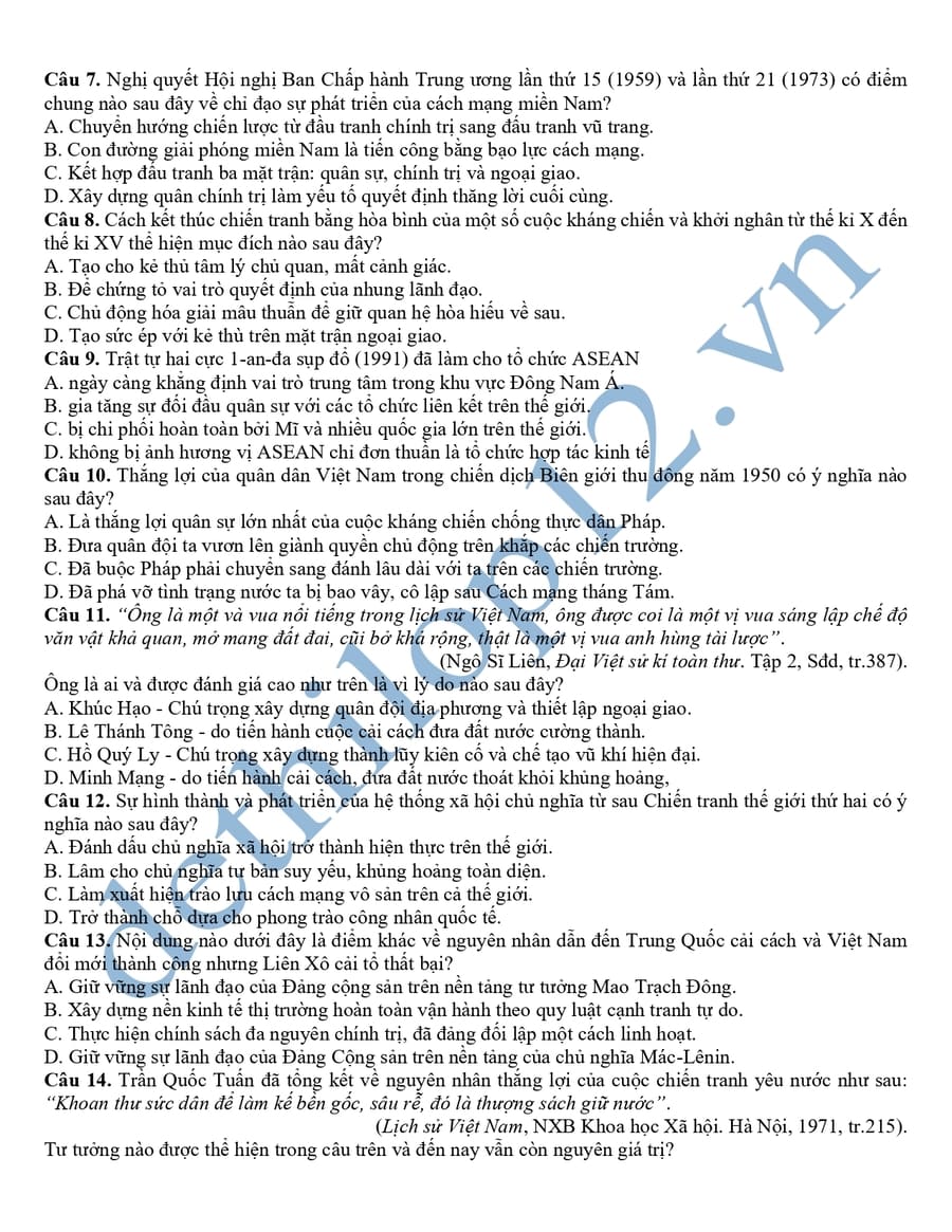 Đề thi học sinh giỏi lịch sử lớp 12 TP Hải Phòng 2025 2026 2