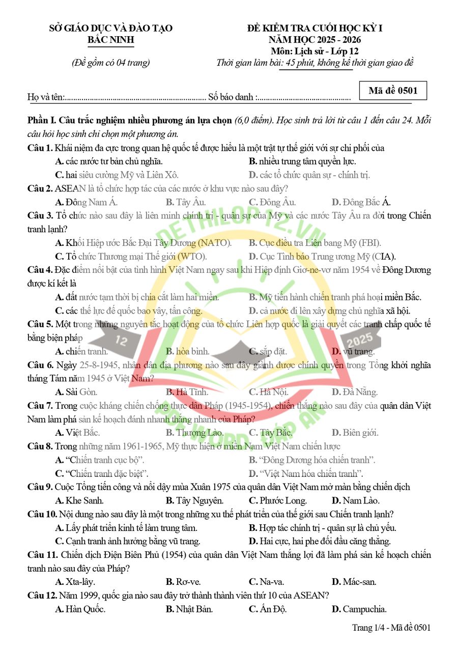 Đề thi HK1 lịch sử lớp 12 tỉnh Bắc Ninh 2025 có đáp án