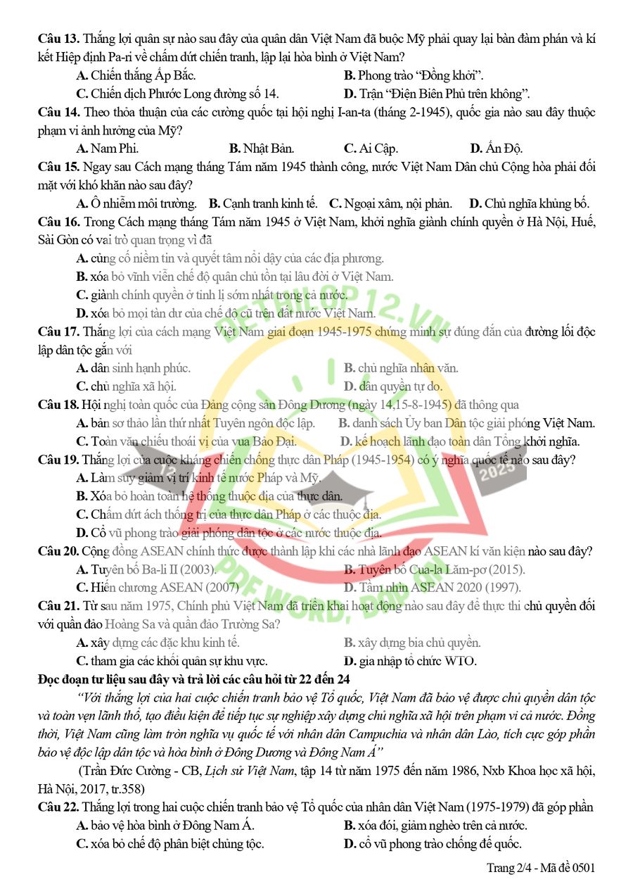 Đề thi HK1 lịch sử lớp 12 tỉnh Bắc Ninh 2025 có đáp án 2