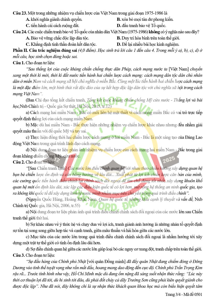 Đề thi HK1 lịch sử lớp 12 tỉnh Bắc Ninh 2025 có đáp án 3