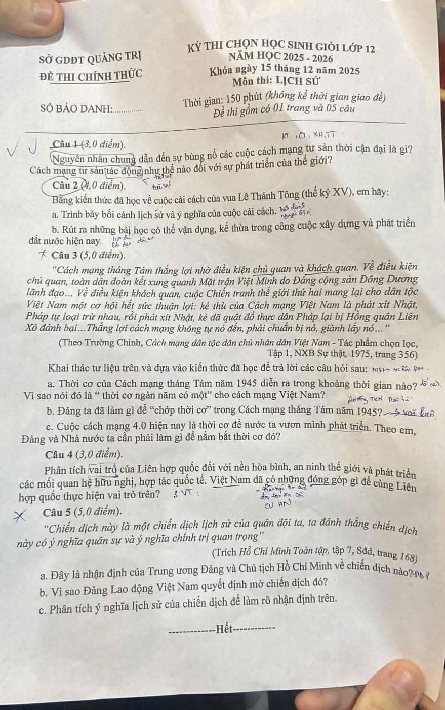 Đề thi hsg lịch sử lớp 12 cấp tỉnh quảng Trị 2025 2026