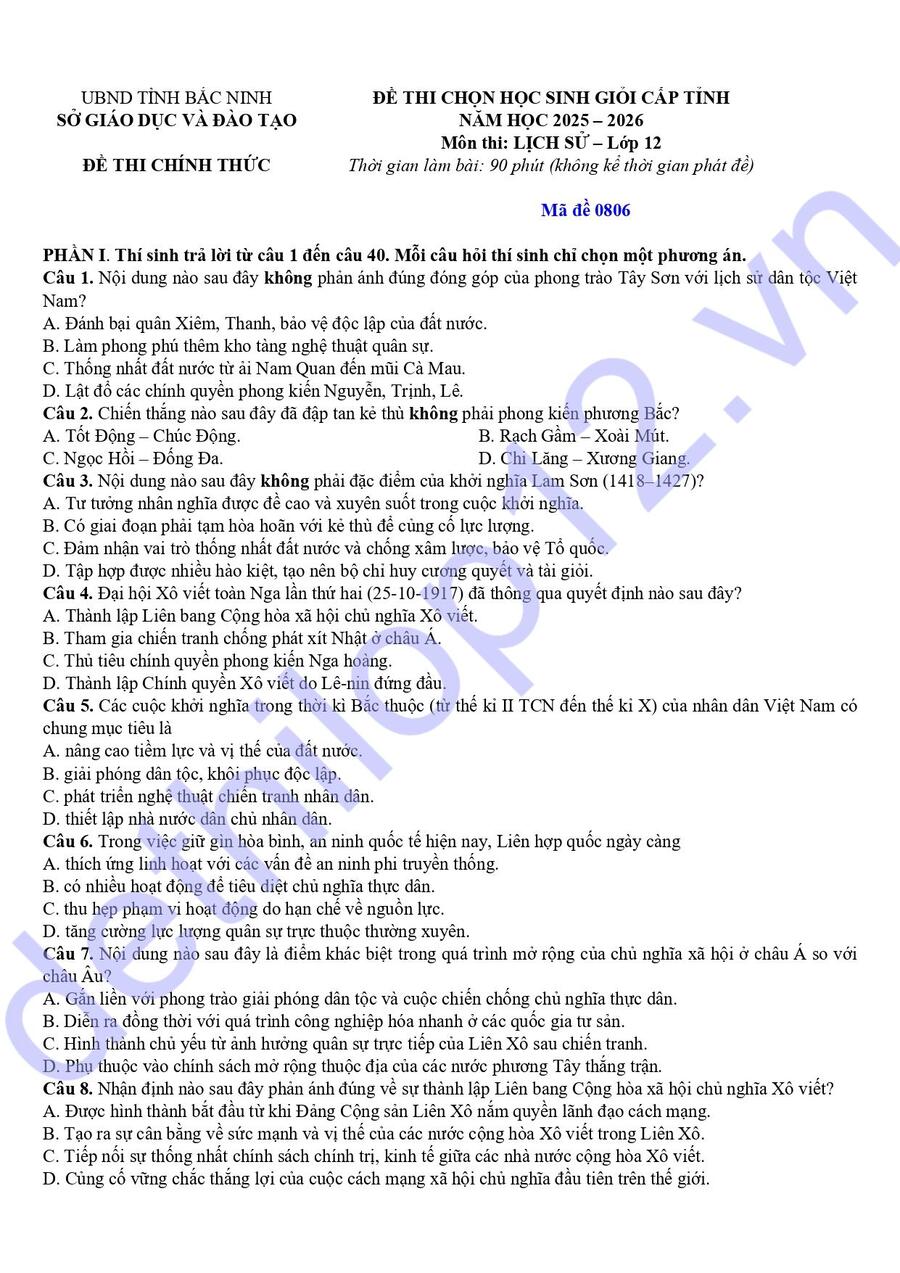 Đề thi hsg lớp 12 môn lịch sử Bắc Ninh 2026 