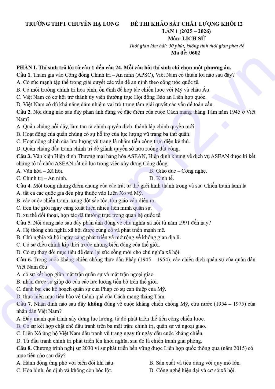Đề thi kscl lớp 12 lần 1 môn sử chuyên Hạ Long 2026