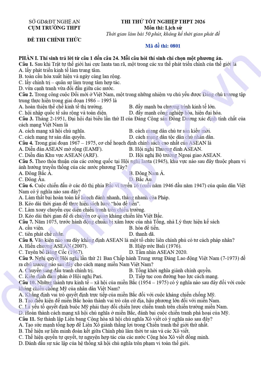 Đề thi thử tốt nghiệp môn sử cụm THPT Nghệ An 2026