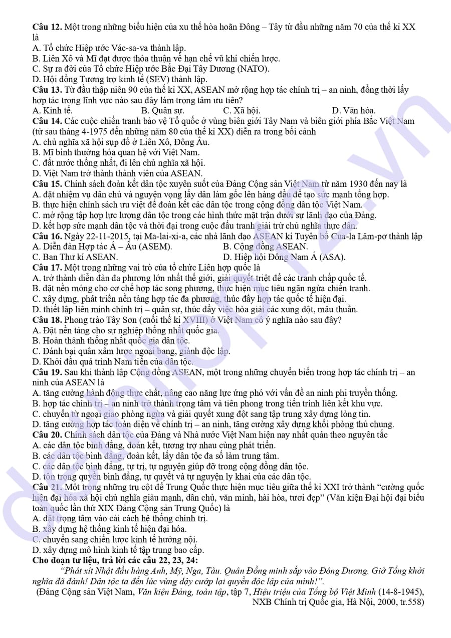 Đề thi thử tốt nghiệp môn sử cụm THPT Nghệ An 2026 2