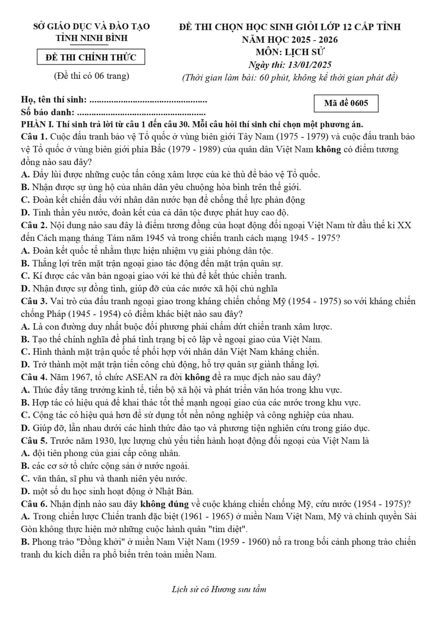 Đề thi hsg lịch sử lớp 12 tỉnh Ninh Bình 2026