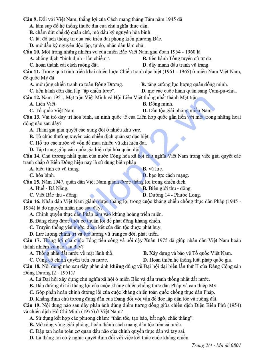 Đề thi KSCL môn sử lớp 12 Ninh Bình 2026 có đáp án 2