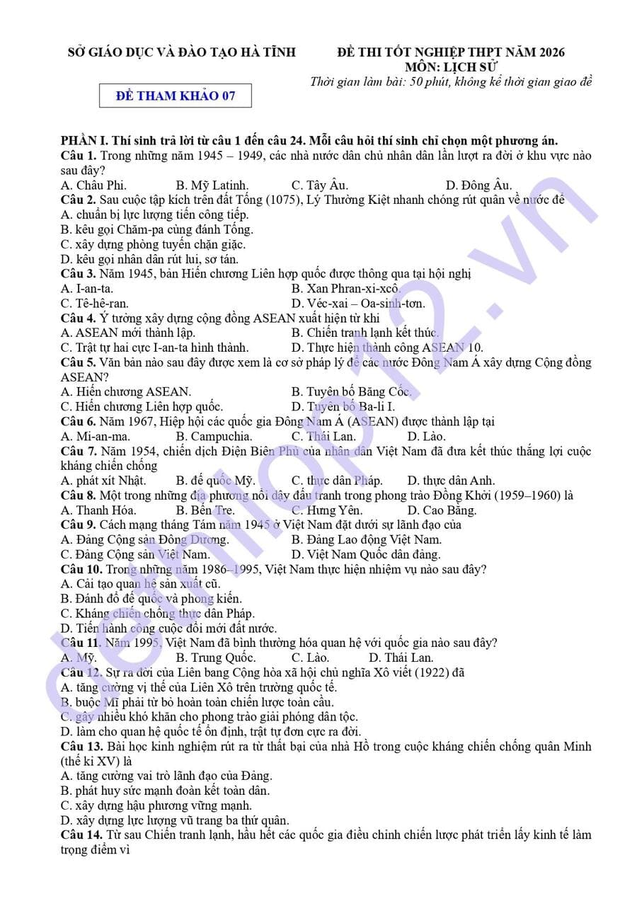 Đề thi thử tốt nghiệp môn lịch sử Hà Tĩnh 2026 