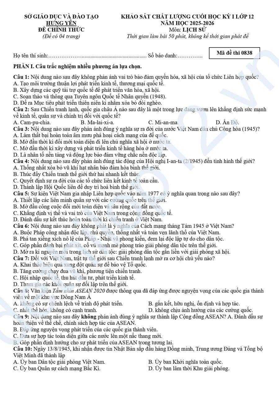 Đề thi cuối học kì 1 lớp 12 môn sử Hưng Yên 2026