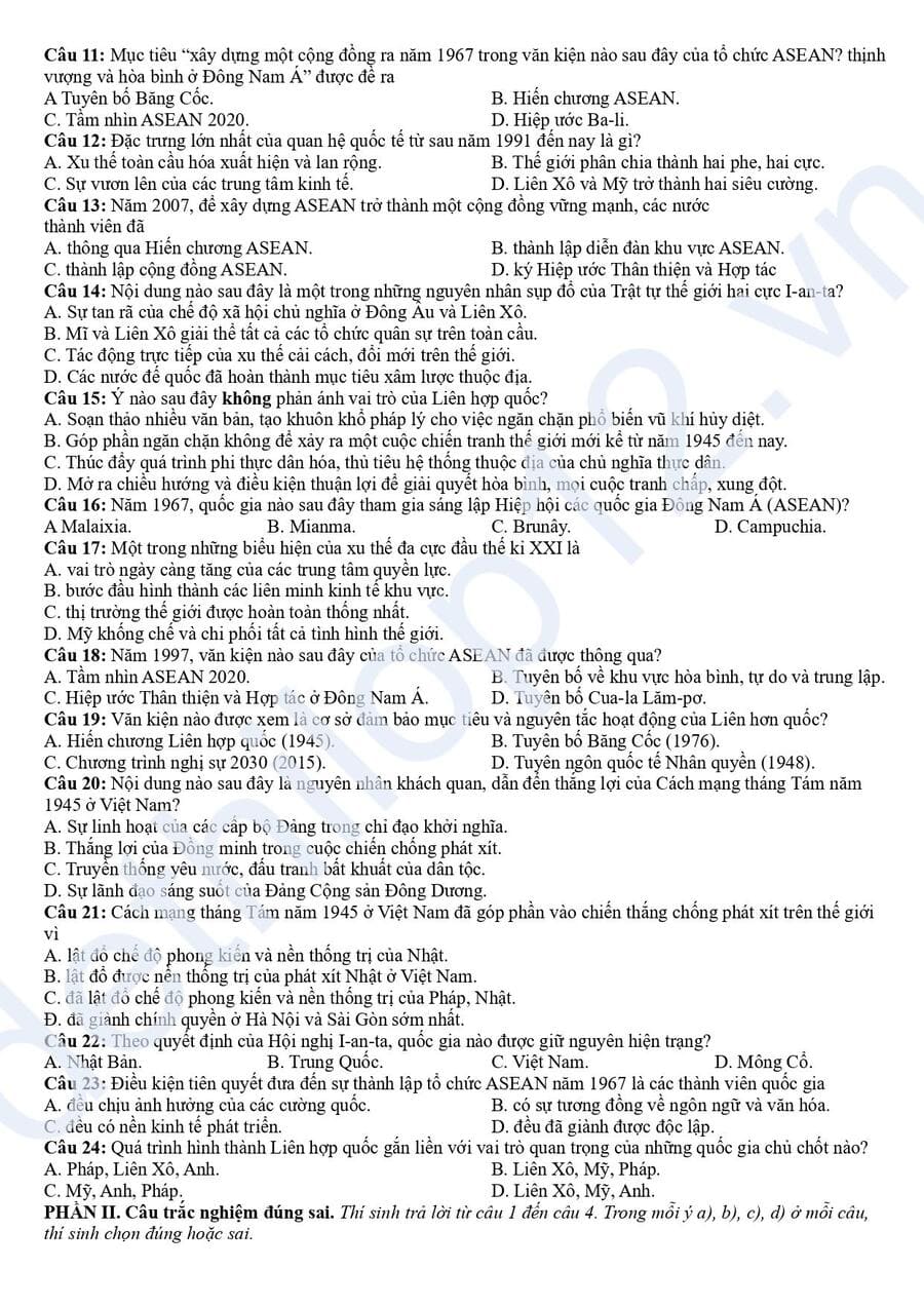 Đề thi cuối học kì 1 lớp 12 môn sử Hưng Yên 2026 2