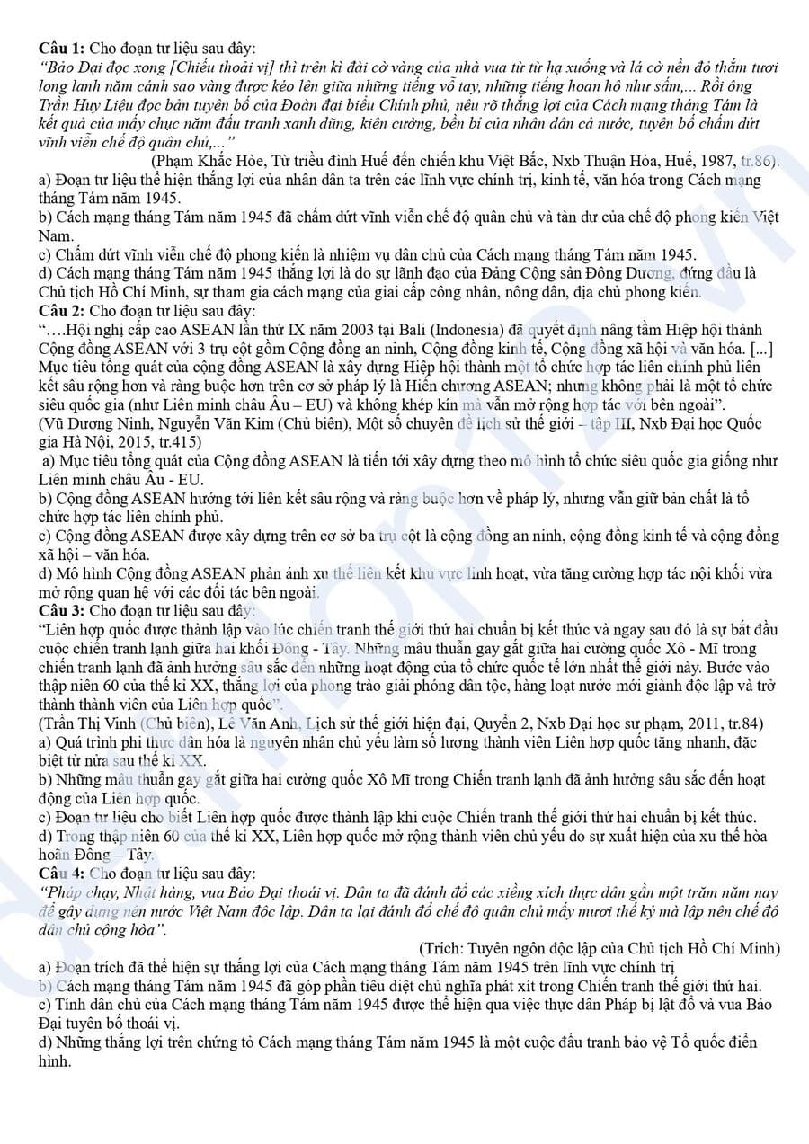 Đề thi cuối học kì 1 lớp 12 môn sử Hưng Yên 2026 3