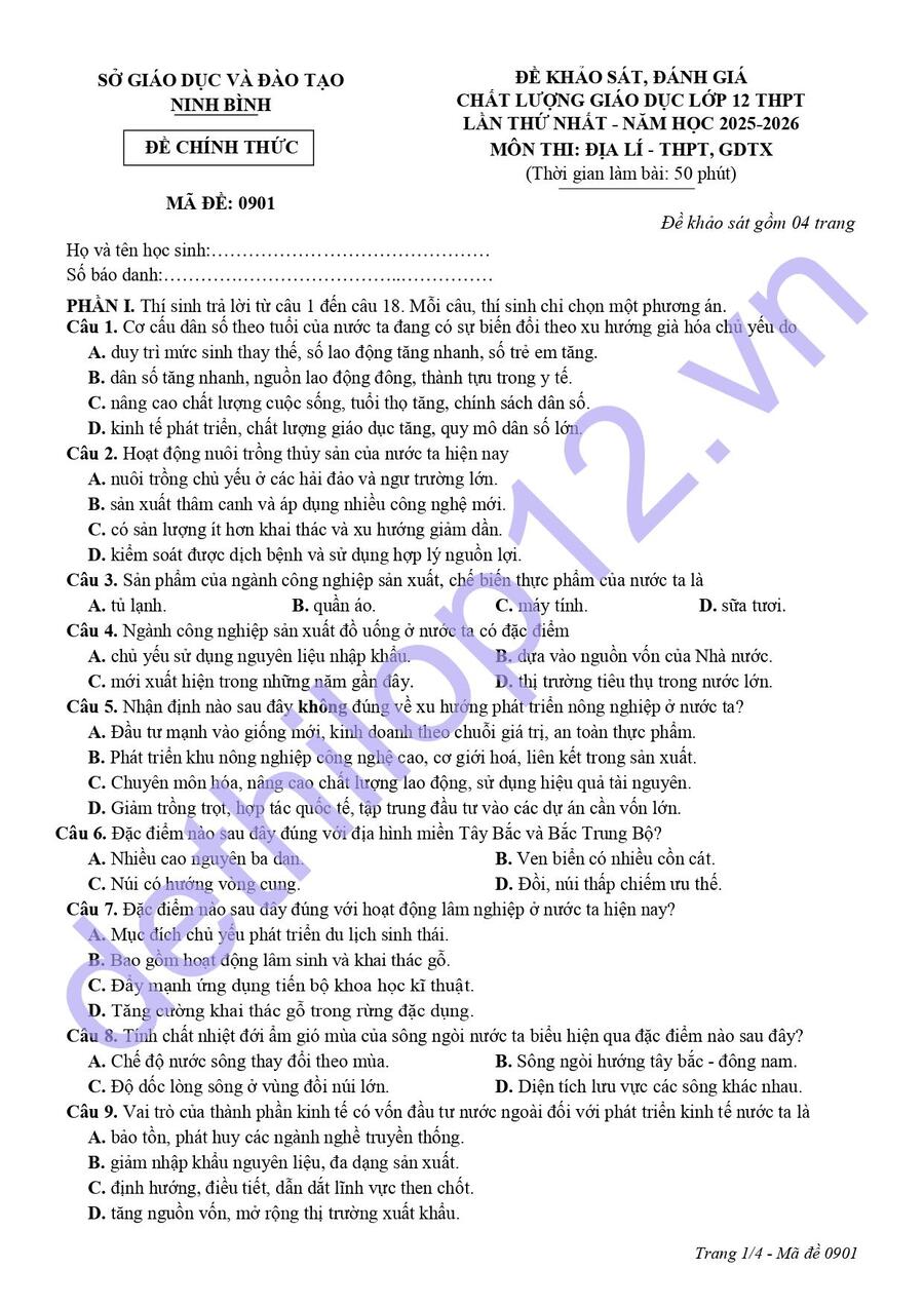 Đề thi kscl môn địa lí lớp 12 tỉnh Ninh Bình 2026 lần 1