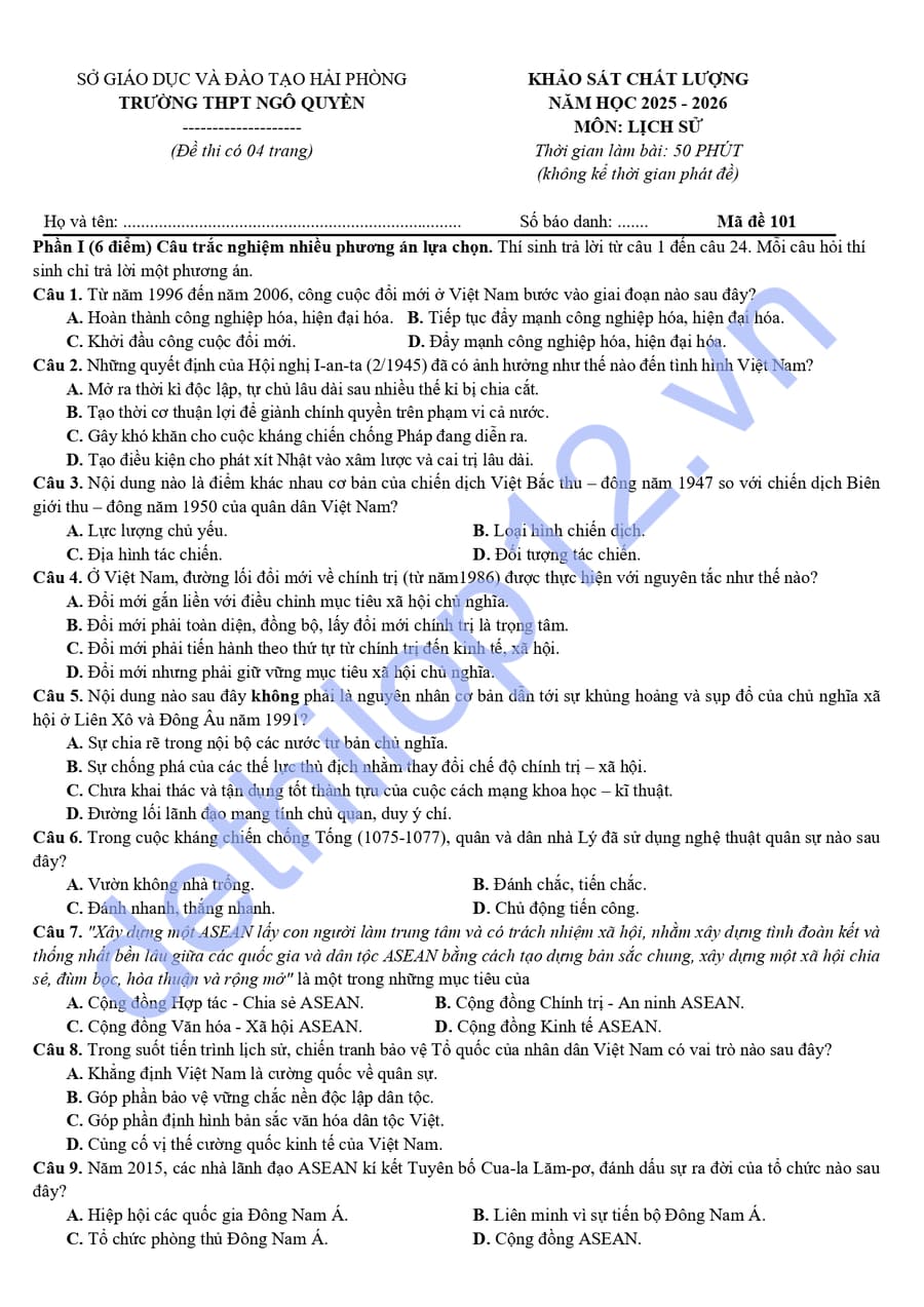 Đề thi KSCL lớp 12 môn sử THPT Ngô Quyền 2026