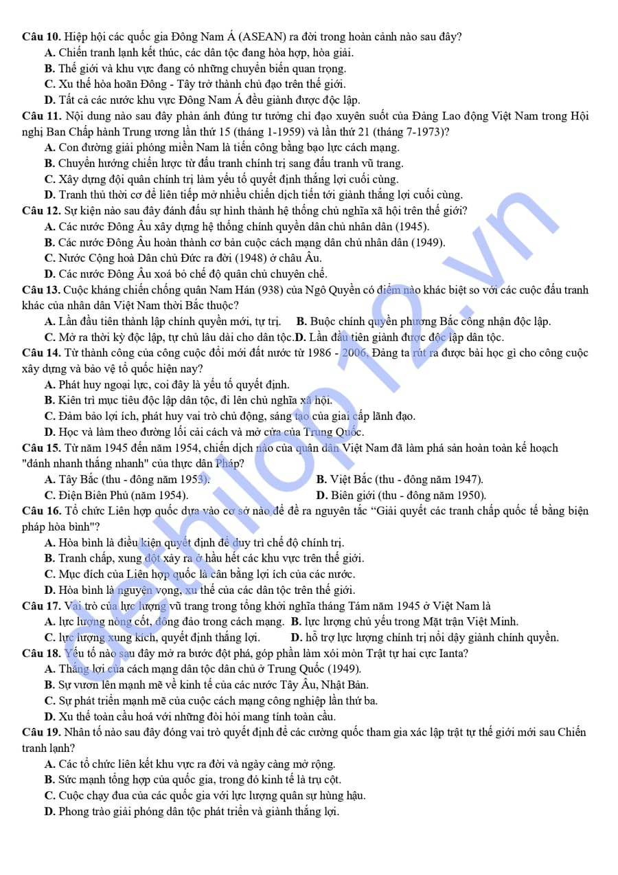 Đề thi KSCL lớp 12 môn sử THPT Ngô Quyền 2026 2