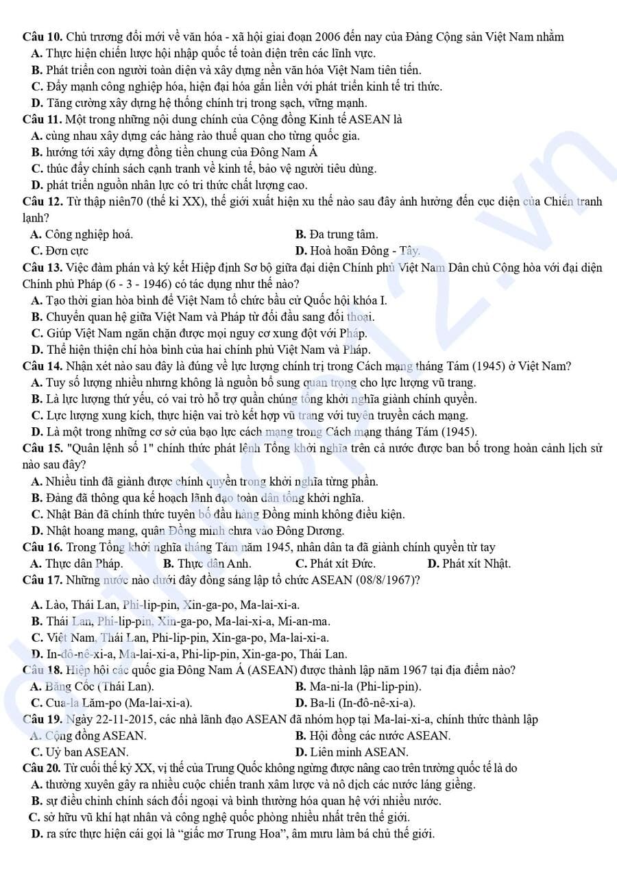 Đề kscl lần 1 lịch sử lớp 12 THPT Nguyễn Bỉnh Khiêm 2026 2