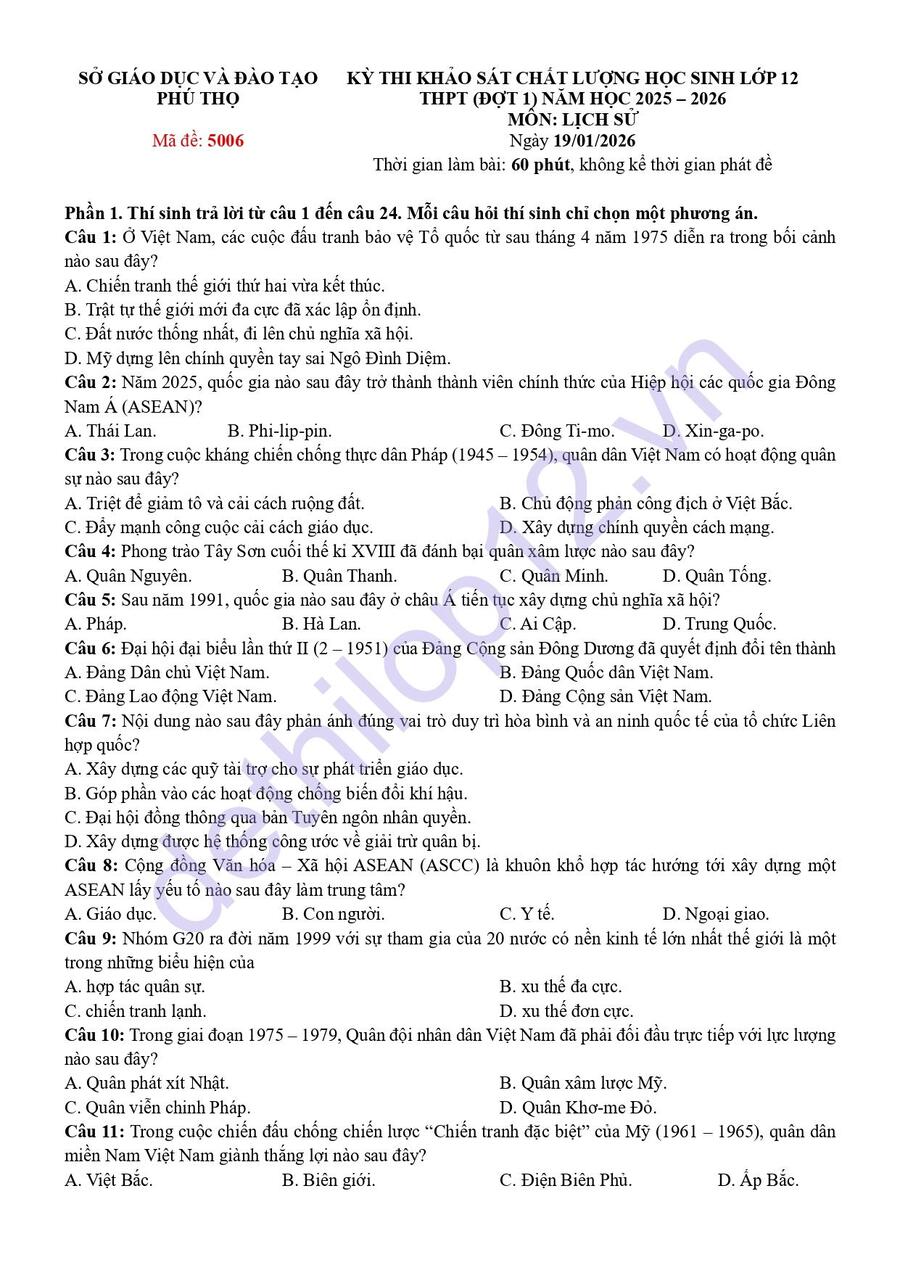 Đề thi KSCL lịch sử lớp 12 lần 1 Phú Thọ 2026 có đáp án