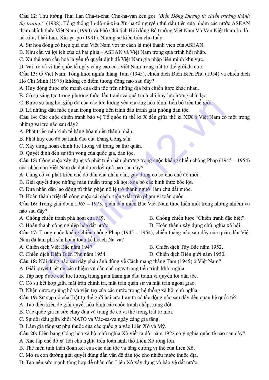 Đề thi KSCL lịch sử lớp 12 lần 1 Phú Thọ 2026 có đáp án 2