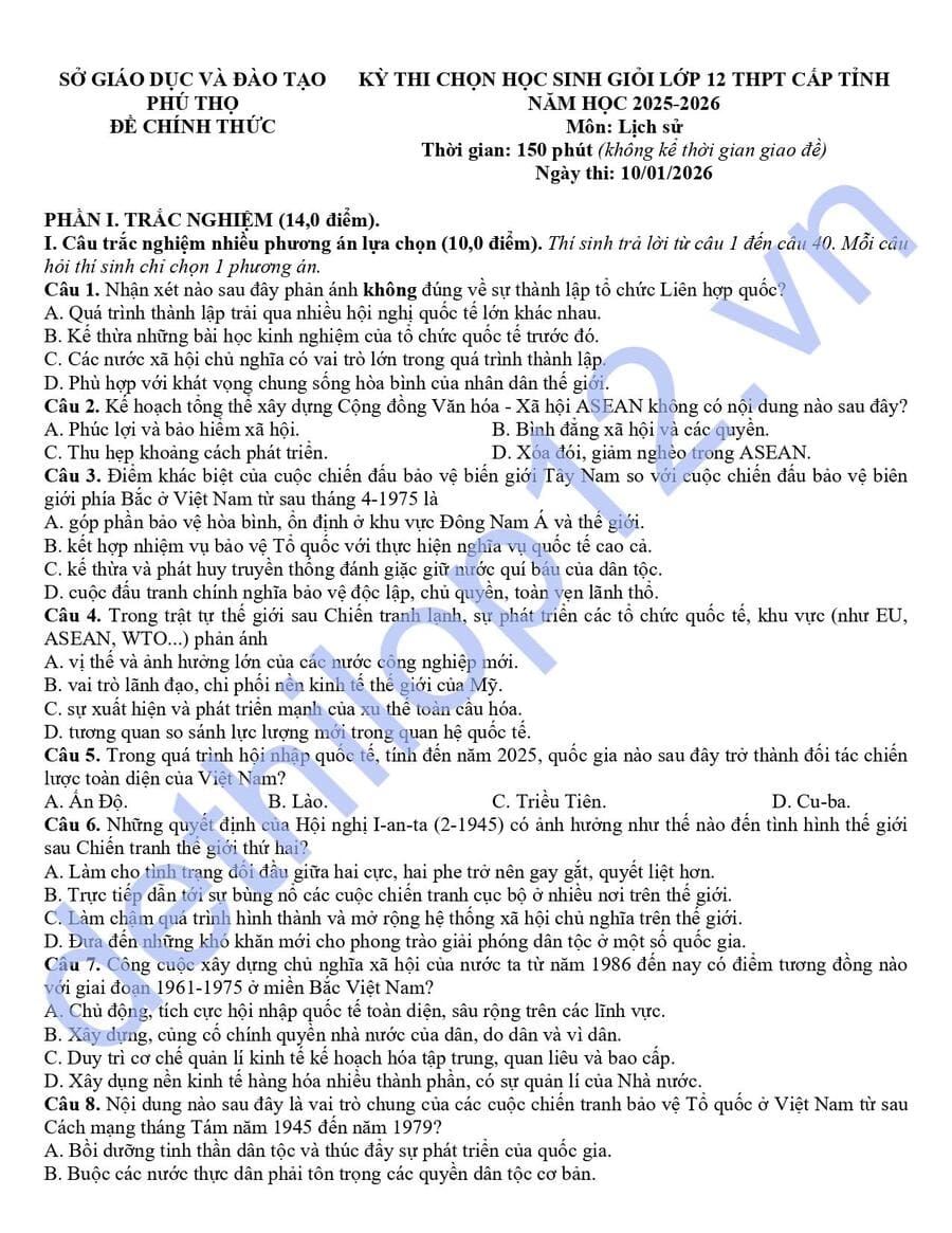 Đề thi học sinh giỏi lớp 12 tỉnh Phú Thọ 2026 có đáp án