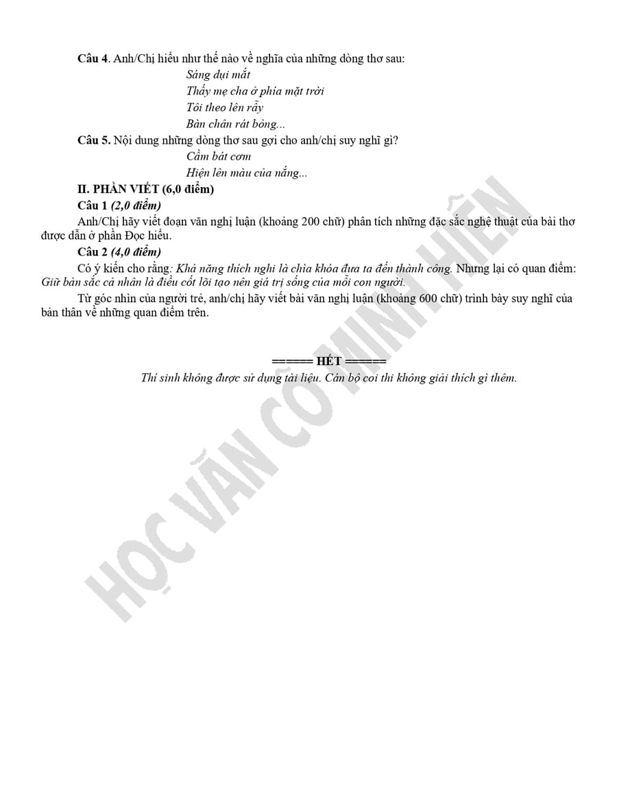 Đề thi văn lớp 12 HK1 Hưng Yên 2026 2